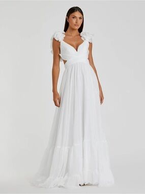 Mac Duggal White Ruffle Tiered Cut-Out Chiffon Gown Size 6 NEW